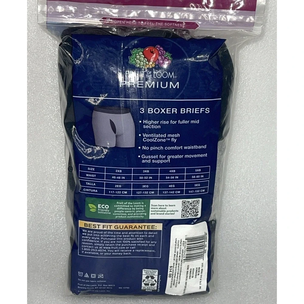 Fruit of the‎ Loom Big Man Premium Boxer Briefs 5XB (58-60) Mesh Fly Pack of 6